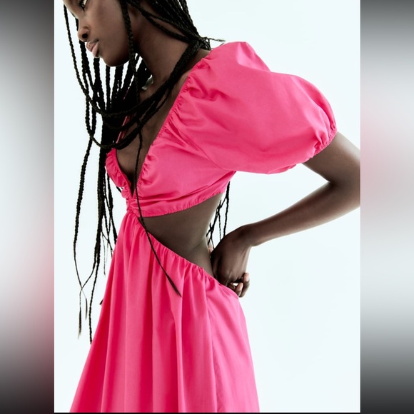 Zara cut out Barbie pink dress with braided straps poplin maxidress 2023 - Picture 6 of 13